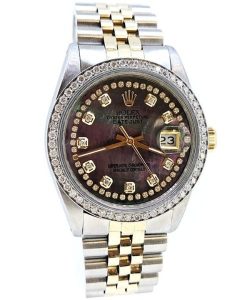 Rolex DateJust Mens Stainless Steel/Yellow Gold Custom String Black Mother of Pearl Diamond Dial Dimond Bezel
