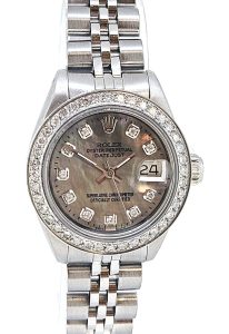 Rolex Ladies Stainless Steel Jubilee Custom Diamond Black Mother of Pearl Dial Diamond Bezel 6917