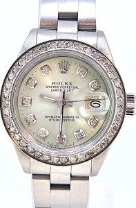 Rolex Ladies DateJust 26mm Oyster Style Stainless Steel Custom Ice Blue Color Diamond Dial Diamond Bezel