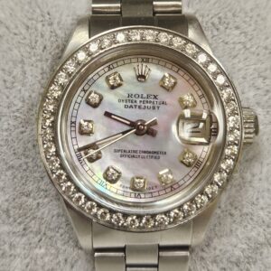 Rolex Ladies DateJust Oyster Style Stainless Steel Custom Diamond Bezel White Mother of Pearl Diamond Dial