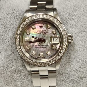 Rolex Ladies DateJust Stainless Steel Custom Diamond Bezel Black Mother of Pearl Diamond Dial 6917