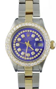 Rolex Ladies DateJust 14K Yellow Gold Stainless Steel Diamond Bezel String Blue Diamond Dial