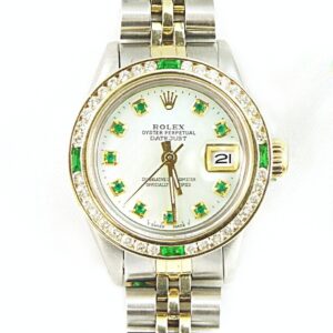 Rolex Ladies DateJust 26mm 18 K Yellow Gold Stainless Steel Jubilee Style Custom Emerald Mother of Pearl Dial  Emerald Diamond Bezel