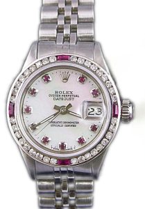 Rolex Ladies DateJust Stainless Steel Diamond Ruby Bezel  Mother of Pearl Ruby Dial 6917