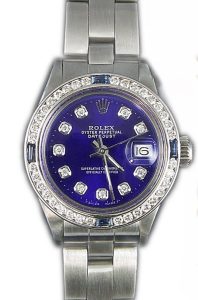Rolex Ladies DateJust Stainless Steel Oyster Style Custom Diamond Sapphire Bezel Blue Diamond Dial