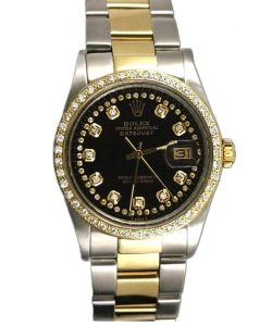 Rolex DateJust Mens Stainless Steel/Yellow Gold String Black Diamond Dial Yellow Gold Dimond Bezel