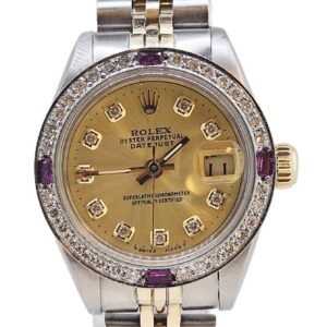 Rolex Ladies DateJust 26mm Yellow Gold Stainless Steel Custom Gold Color Diamond Dial Diamond Ruby Bezel