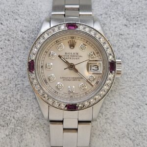 Rolex Ladies DateJust Stainless Steel Custom Diamond Ruby Bezel  Mother of Pearl Diamond Dial 6916
