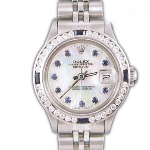 Rolex Ladies DateJust 26mm Jubilee Style Stainless Steel Custom Mother of Pearl Sapphire Dial Diamond Sapphire Bezel