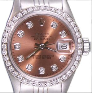 Rolex Ladies DateJust 26mm Jubilee Style Stainless Steel Custom Salmon Color Diamond Dial Diamond Bezel