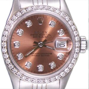 Rolex Ladies DateJust 26mm Jubilee Style Stainless Steel Custom Salmon Color Diamond Dial Diamond Bezel
