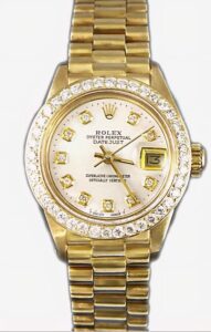 Ladies Presidential Rolex Custom Mother of Pearl Diamond Dial Diamond Bezel 6917