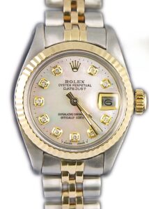 Rolex Ladies DateJust 26mm Yellow Gold Stainless Steel Custom Mother of Pearl Diamond Dial Fluted Bezel 69173