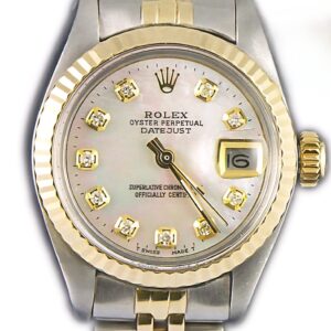 Rolex Ladies DateJust 26mm Yellow Gold Stainless Steel Custom Mother of Pearl Diamond Dial Fluted Bezel 69173