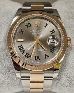 Rolex Date just 41 Wimbledon Oyster Perpetual Rose Gold Grey Dial 126331
