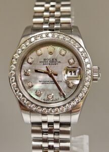 Rolex Ladies Custom Black Mother of Pearl Diamond Dial Diamond Bezel Stainless Steel Jubilee 179160