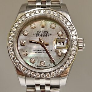 Rolex Ladies Custom Black Mother of Pearl Diamond Dial Diamond Bezel Stainless Steel Jubilee 179160