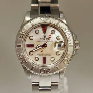 Rolex Ladies Yacht Master 29mm Platinum Bezel Custom Mother of Pearl Diamonds and Ruby Serti Dial169622
