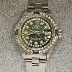 Rolex DateJust 26mm Stainless Steel Oyster Style Bracelet Custom Green Color String Diamond Dial Diamond Emerald Bezel 6916