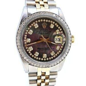 Rolex DateJust Mens Stainless Steel/Yellow Gold Custom String Black Mother of Pearl Diamond Dial Dimond Bezel
