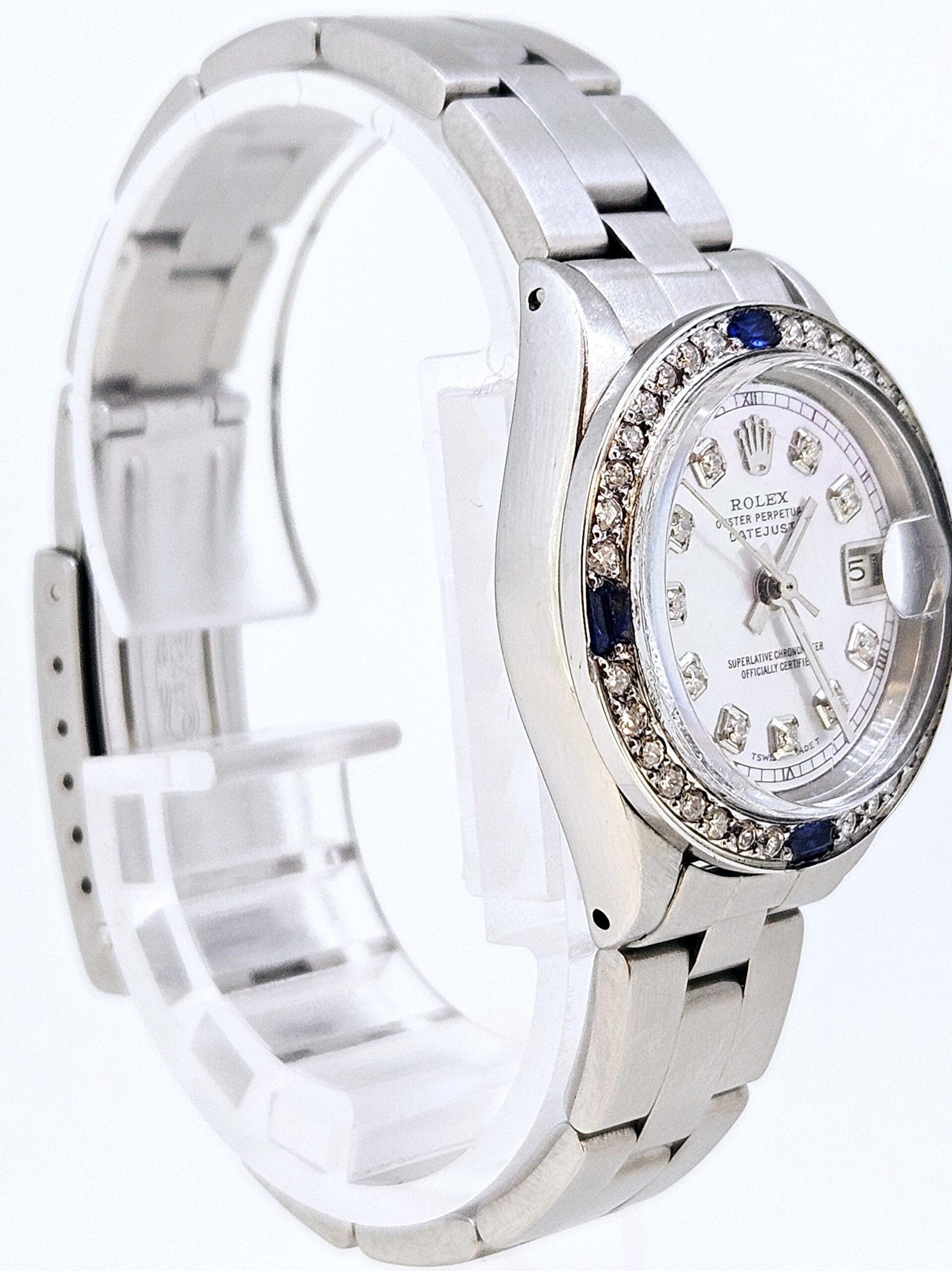 Rolex Ladies DateJust Stainless Steel Oyster Style Custom Diamond Sapphire Bezel Mother of Pearl Diamond Dial - Image 2