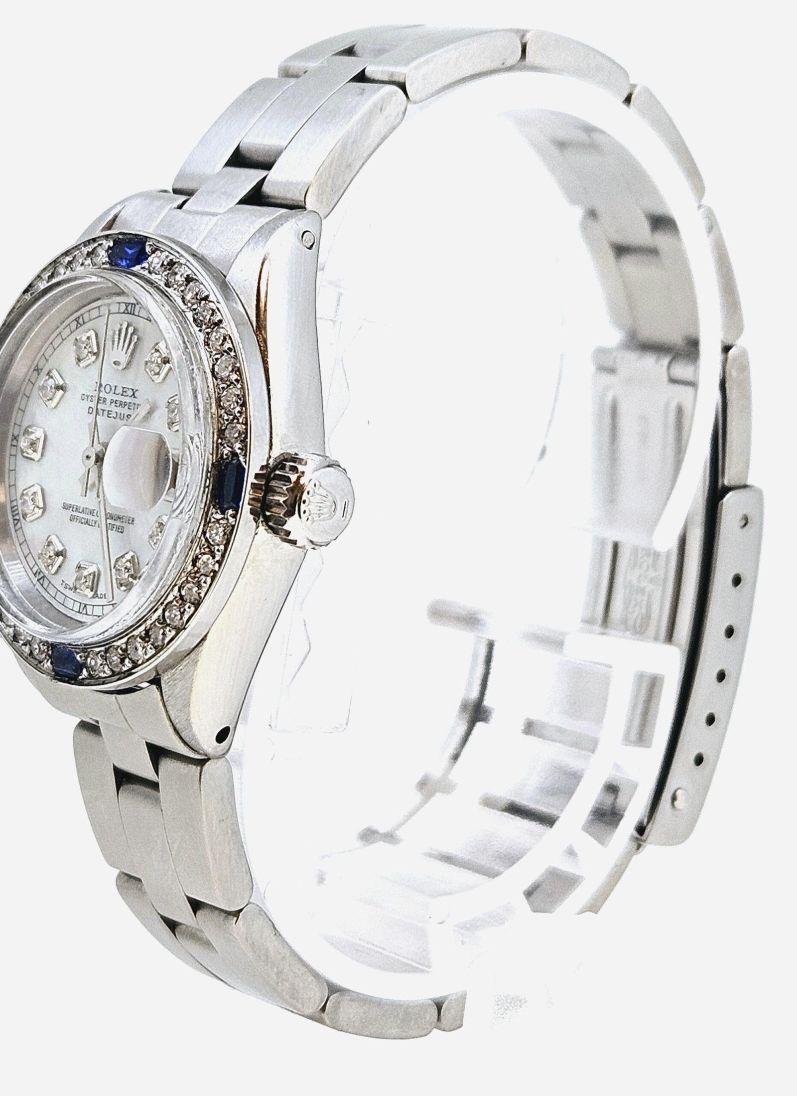 Rolex Ladies DateJust Stainless Steel Oyster Style Custom Diamond Sapphire Bezel Mother of Pearl Diamond Dial - Image 3