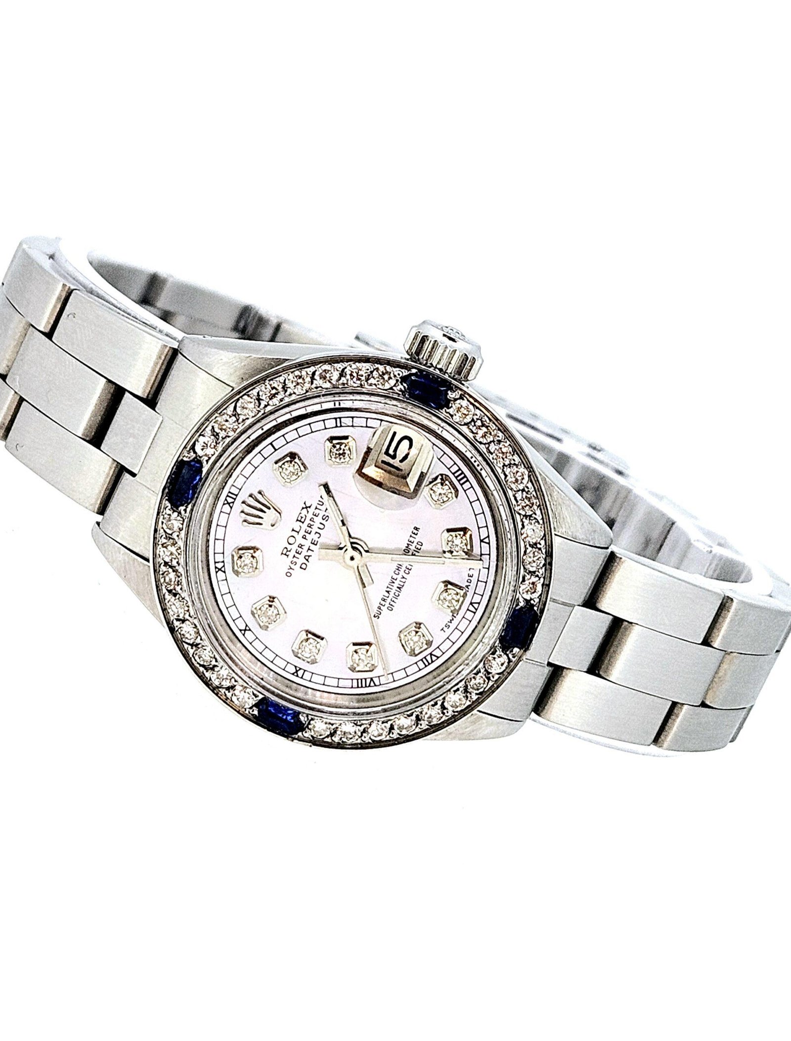 Rolex Ladies DateJust Stainless Steel Oyster Style Custom Diamond Sapphire Bezel Mother of Pearl Diamond Dial - Image 5