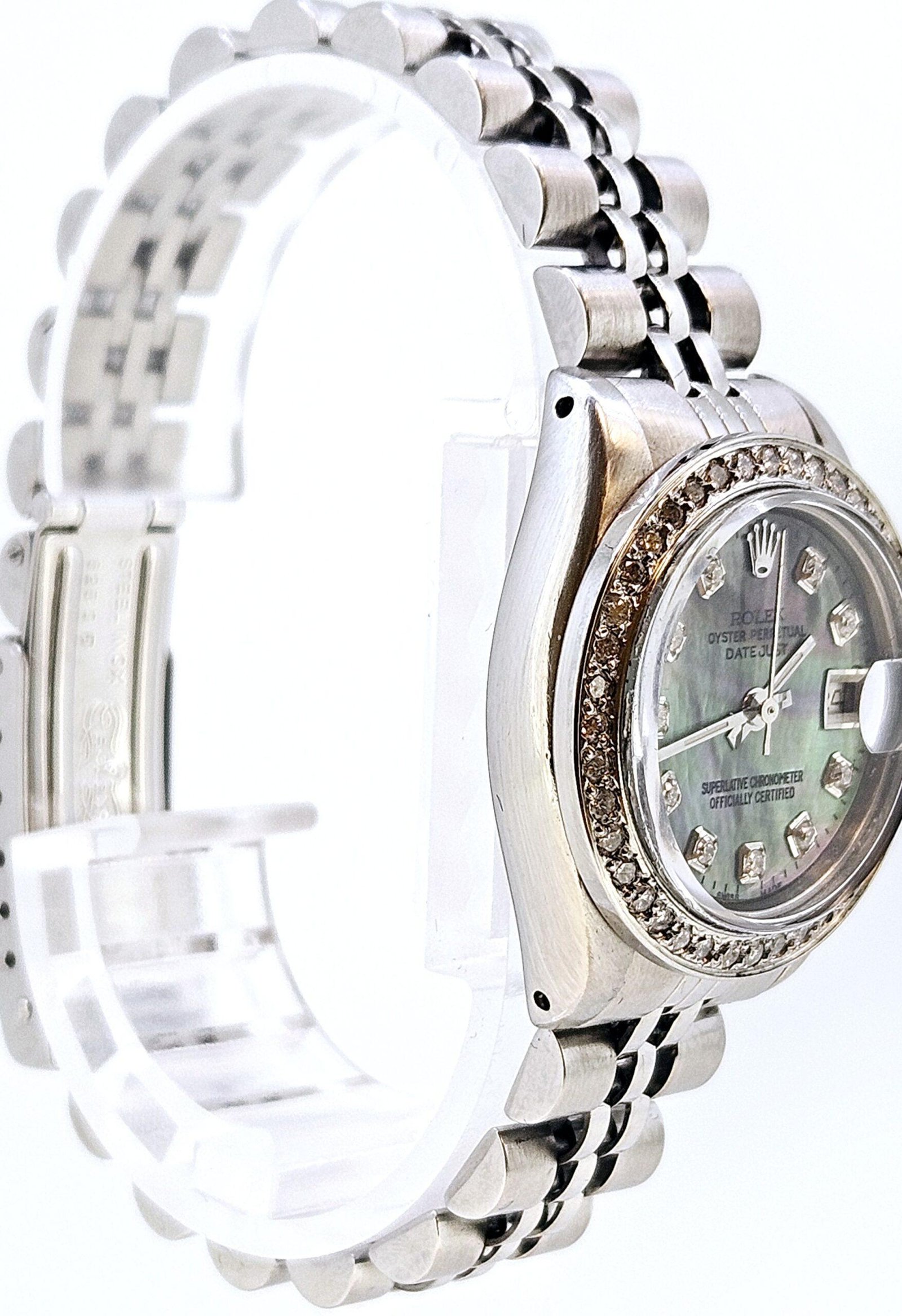 Rolex Ladies Stainless Steel Jubilee Custom Diamond Black Mother of Pearl Dial Diamond Bezel 6917 - Image 3
