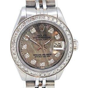 Rolex Ladies Stainless Steel Jubilee Custom Diamond Black Mother of Pearl Dial Diamond Bezel 6917