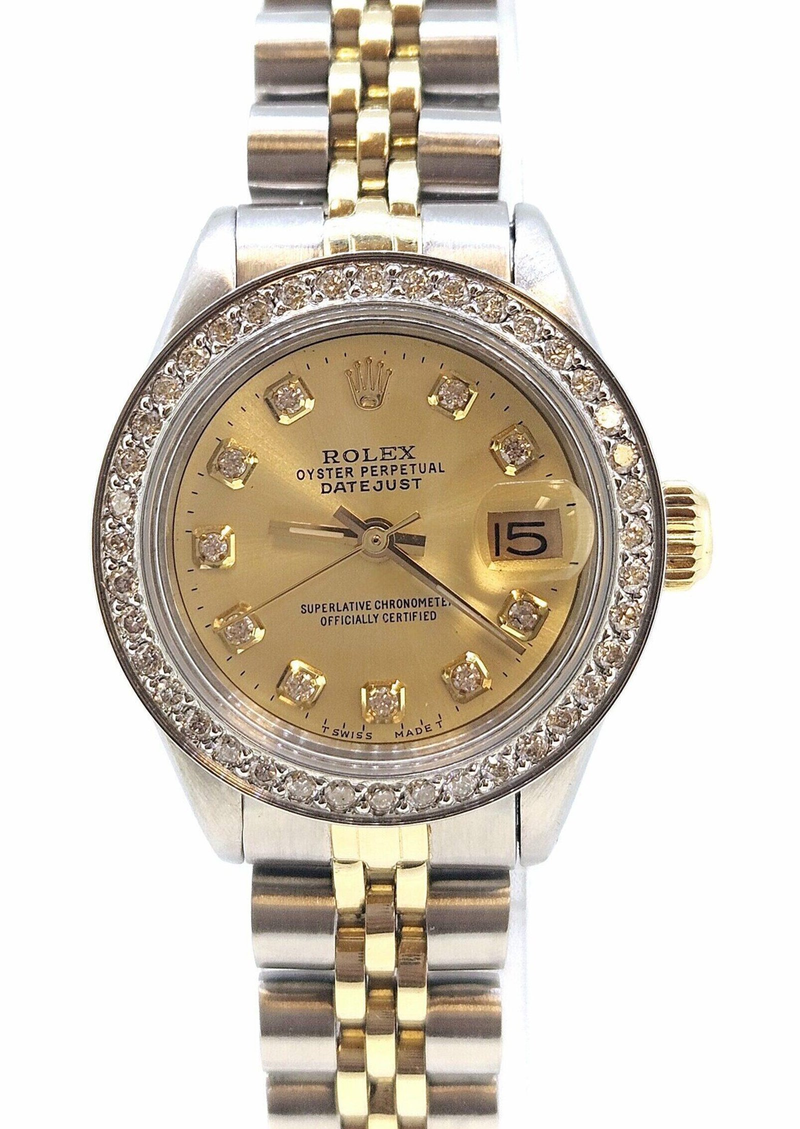 Rolex Ladies DateJust 26mm Yellow Gold Stainless Steel Custom Gold Color Diamond Dial Diamond Bezel 69173 - Image 4