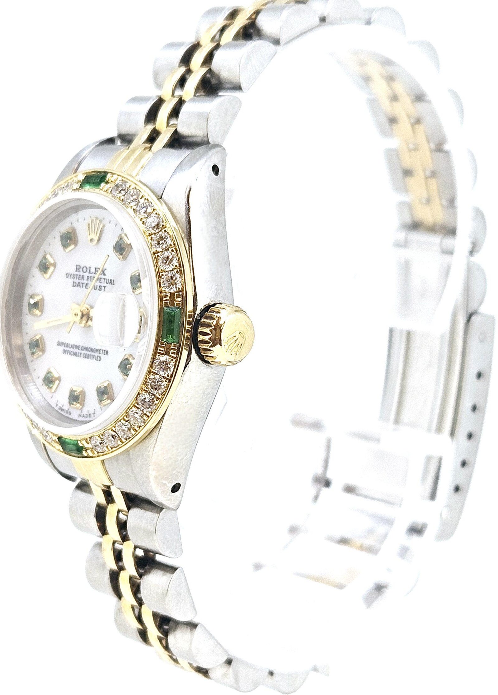 Rolex Ladies DateJust 26mm 18 K Yellow Gold Stainless Steel Jubilee Style Custom Emerald Mother of Pearl Dial Emerald Diamond Bezel - Image 4