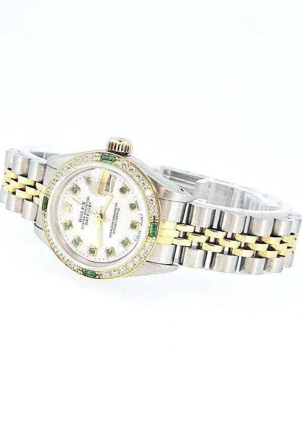 Rolex Ladies DateJust 26mm 18 K Yellow Gold Stainless Steel Jubilee Style Custom Emerald Mother of Pearl Dial Emerald Diamond Bezel - Image 5