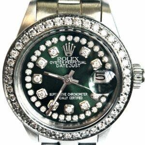 Rolex Ladies DateJust 26mm Oyster Style Stainless Steel, Custom String  Green Color Diamond Dial Diamond Bezel