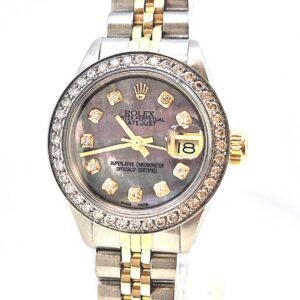 Rolex Ladies DateJust 26mm Yellow Gold Stainless Steel Custom Mother of Pearl Diamond Dial Diamond Bezel