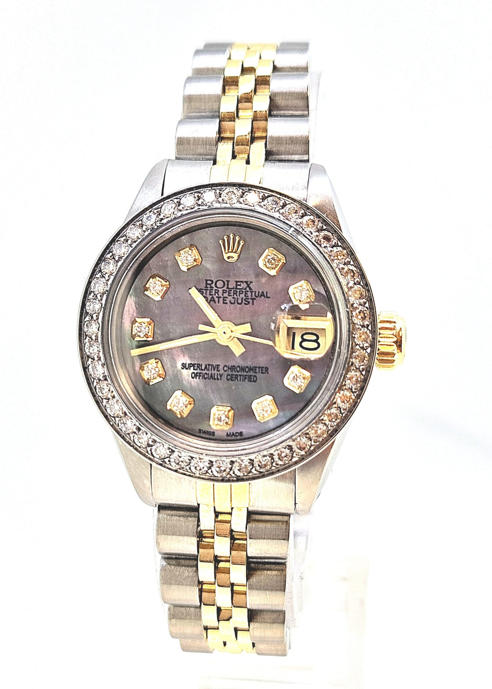 Rolex Ladies DateJust 26mm Yellow Gold Stainless Steel Custom Mother of Pearl Diamond Dial Diamond Bezel