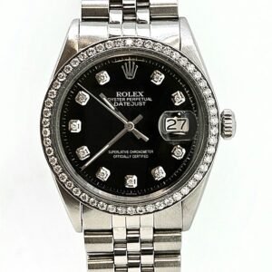 Rolex DateJust Mens 36mm Stainless Steel Custom Black Diamond Dial Diamond Bezel 16030