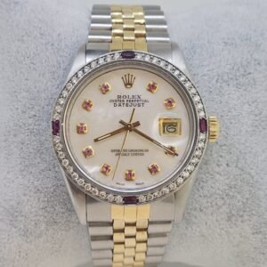 Rolex DateJust Mens Stainless Steel/Yellow Gold Custom Mother of Pearl Ruby Dial Diamond Ruby Bezel
