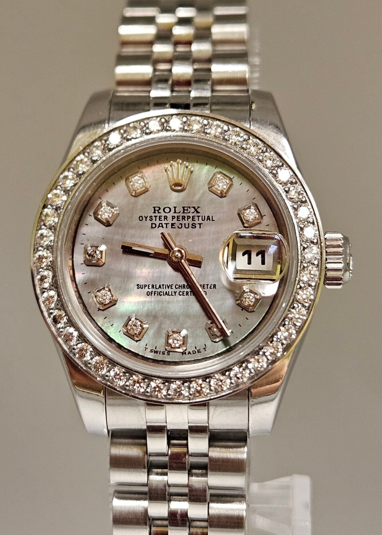 Rolex Ladies Custom Black Mother of Pearl Diamond Dial Diamond Bezel Stainless Steel Jubilee 179160