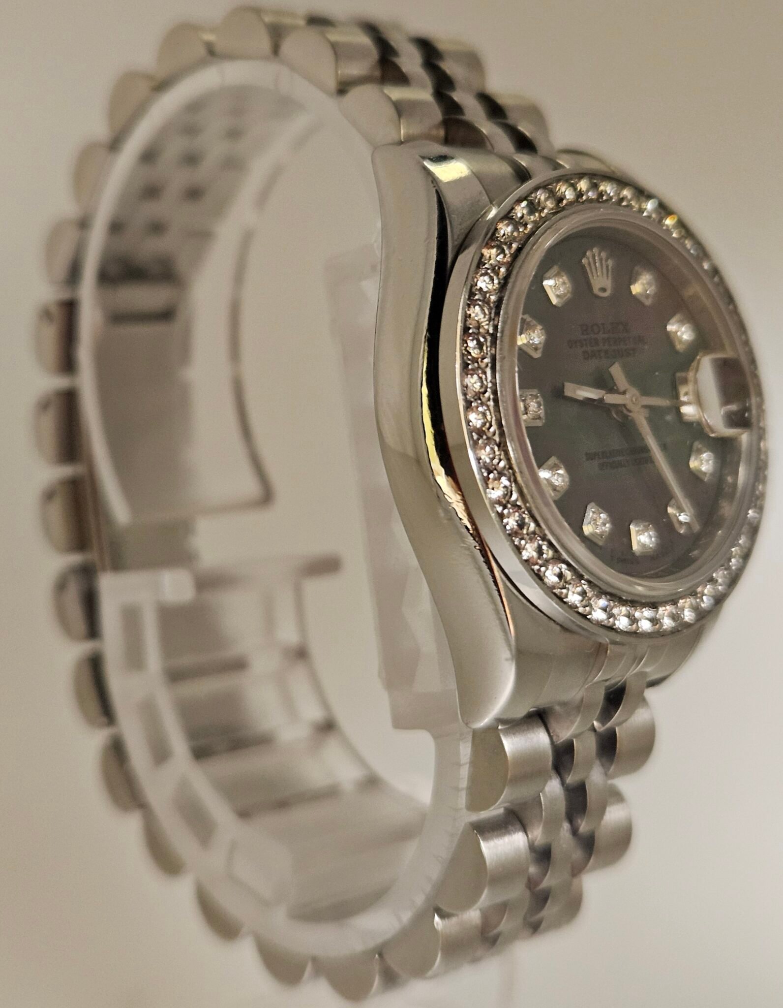 Rolex Ladies Custom Black Mother of Pearl Diamond Dial Diamond Bezel Stainless Steel Jubilee 179160 - Image 6