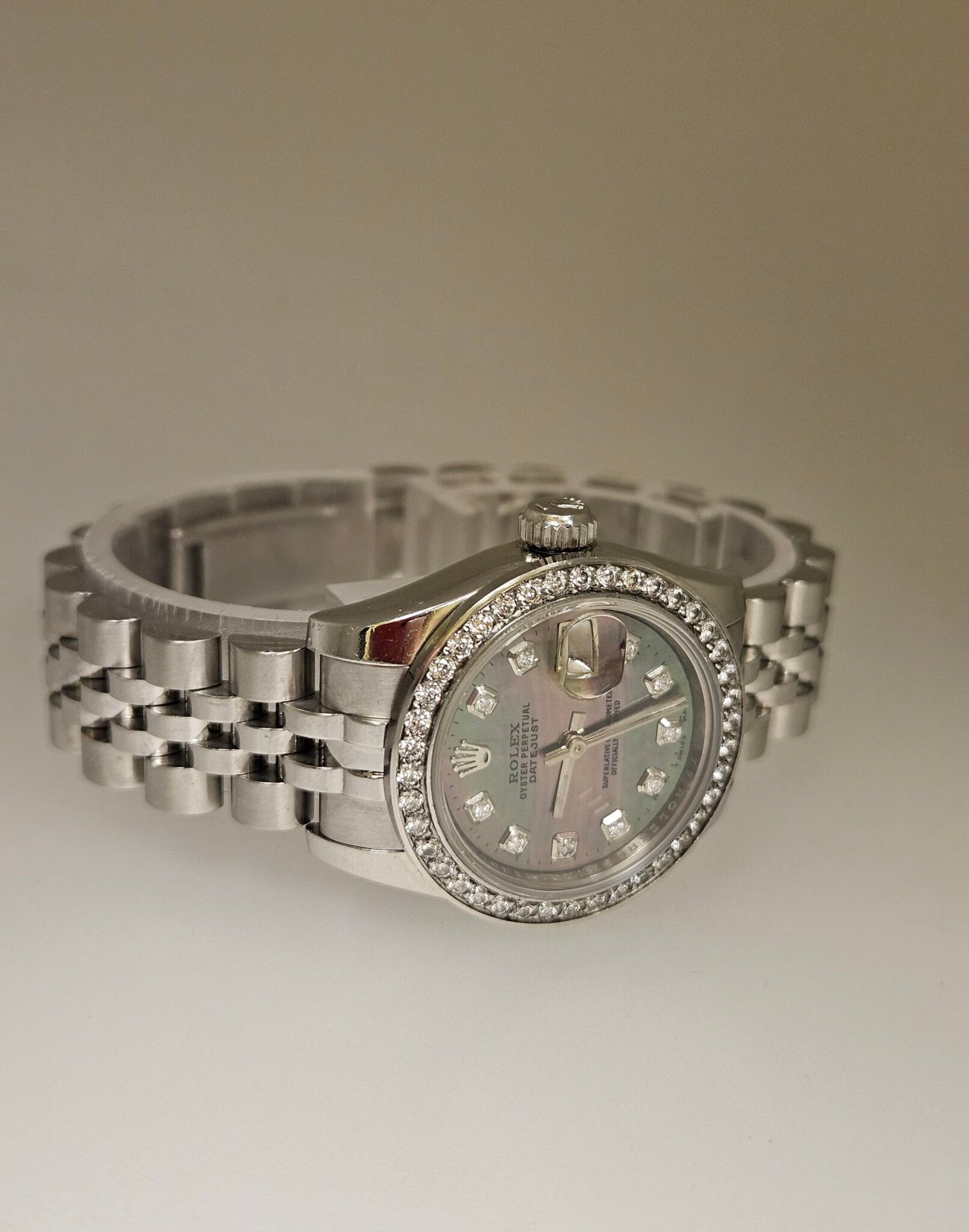 Rolex Ladies Custom Black Mother of Pearl Diamond Dial Diamond Bezel Stainless Steel Jubilee 179160 - Image 3