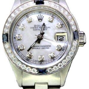 Rolex Ladies DateJust Stainless Steel Oyster Style Custom Diamond Sapphire Bezel Mother of Pearl Diamond Dial
