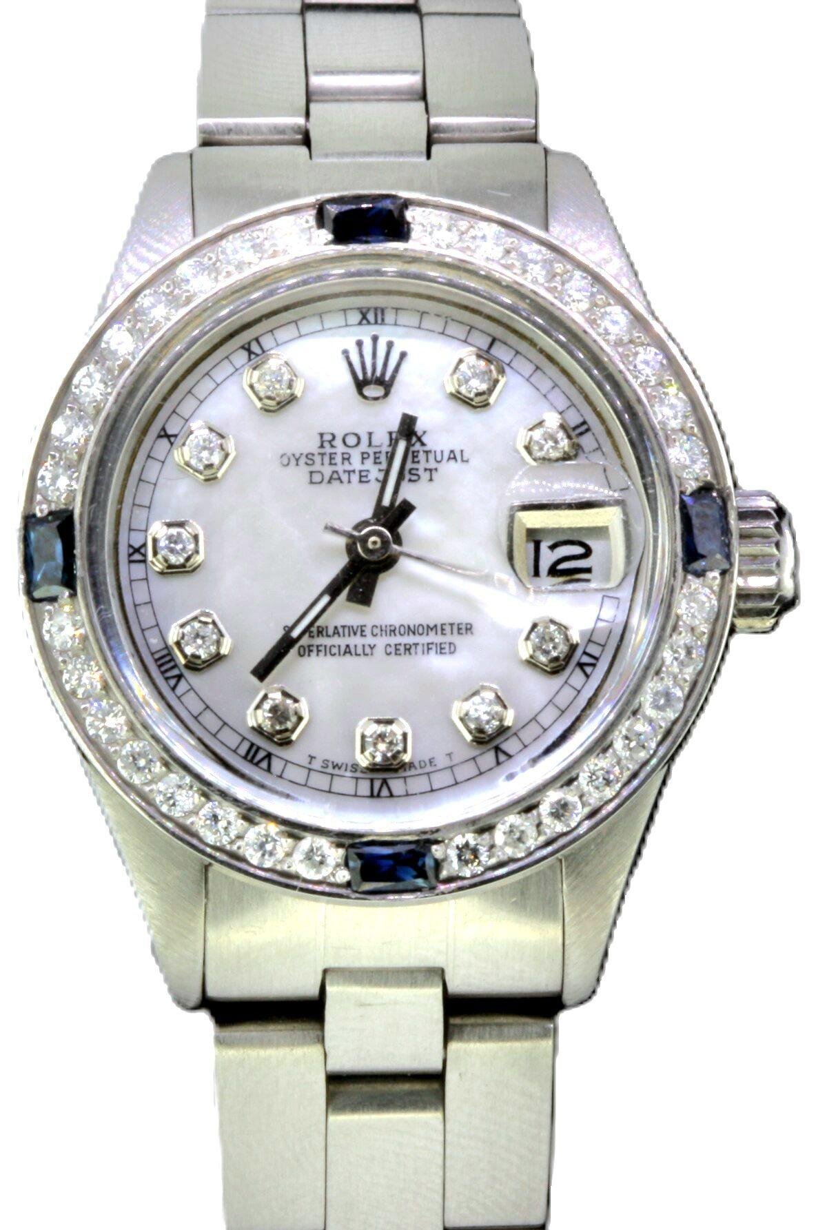 Rolex Ladies DateJust Stainless Steel Oyster Style Custom Diamond Sapphire Bezel Mother of Pearl Diamond Dial