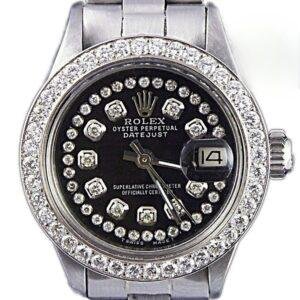 Rolex Ladies DateJust Stainless Steel Custom Diamond Bezel String Black Diamond Dial