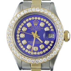 Rolex Ladies DateJust 14K Yellow Gold Stainless Steel Custom Diamond Bezel String Blue Diamond Dial