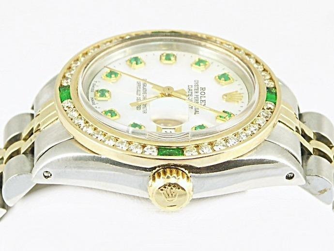 Rolex Ladies DateJust 26mm 18 K Yellow Gold Stainless Steel Jubilee Style Custom Emerald Mother of Pearl Dial Emerald Diamond Bezel - Image 2
