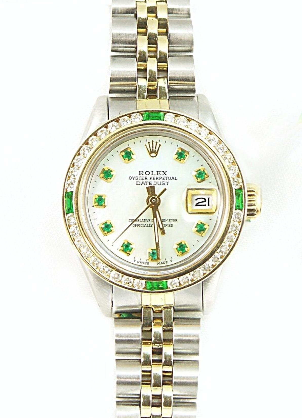 Rolex Ladies DateJust 26mm 18 K Yellow Gold Stainless Steel Jubilee Style Custom Emerald Mother of Pearl Dial Emerald Diamond Bezel