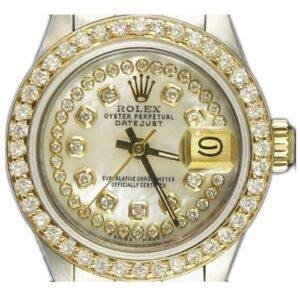 Ladies Rolex Datejust 26mm Yellow Gold Stainless Steel Custom Mother of Pearl String Diamond Dial Gold Diamond Bezel