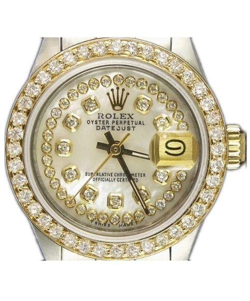 Ladies Rolex Datejust 26mm Yellow Gold Stainless Steel Custom Mother of Pearl String Diamond Dial Gold Diamond Bezel