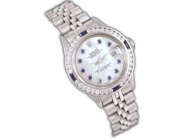 Rolex Ladies DateJust 26mm Jubilee Style Stainless Steel Custom Mother of Pearl Sapphire Dial Diamond Sapphire Bezel - Image 4