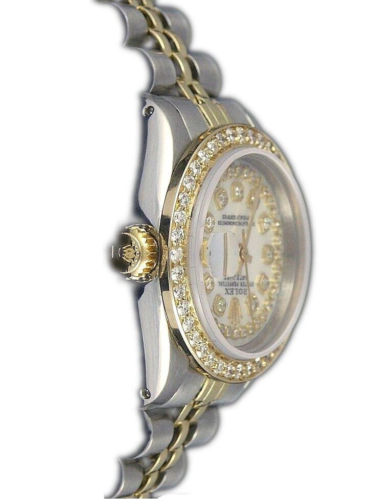 Ladies Rolex Datejust 26mm Yellow Gold Stainless Steel Custom Mother of Pearl String Diamond Dial Gold Diamond Bezel - Image 2